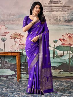 Akhilam - Women's Georgette Purple Woven Design Saree with Unstitched Blouse
