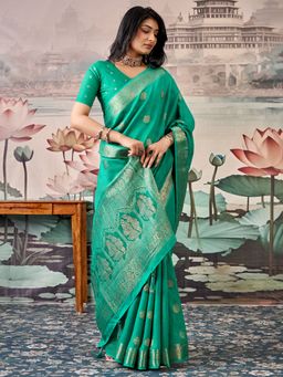 Akhilam - Women's Georgette Turquoise Woven Design Saree with Unstitched Blouse