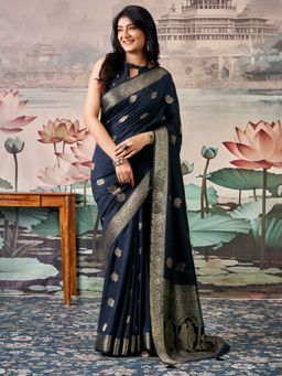 Akhilam - Women's Georgette Navy Blue Woven Design Saree with Unstitched Blouse