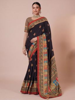 Akhilam - Women's Black Printed Saree with Unstitched Blouse