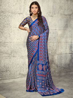Akhilam - Women's Satin Blue Printed Saree with Unstitched Blouse