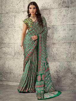 Akhilam - Women's Satin Green Printed Saree with Unstitched Blouse
