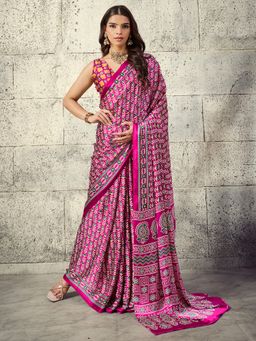 Akhilam - Women's Satin Magenta Printed Saree with Unstitched Blouse