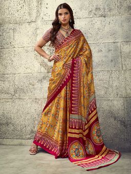 Akhilam - Women's Satin Mustard Printed Saree with Unstitched Blouse