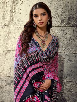 Akhilam - Women's Satin Pink Printed Saree with Unstitched Blouse