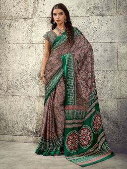 Akhilam - Women's Satin Green Printed Saree with Unstitched Blouse