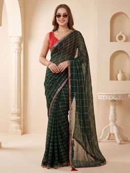 Akhilam - Women's Viscose Dark Green Printed Saree with Unstitched Blouse