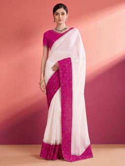 Akhilam - Women's Vichitra Silk White Embellished Saree with Unstitched Blouse
