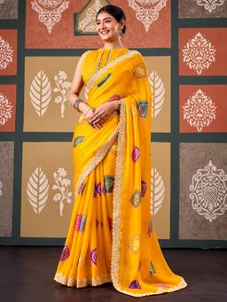 Akhilam - Women's Chiffon Yellow Zari Embroidered Saree with Unstitched Blouse
