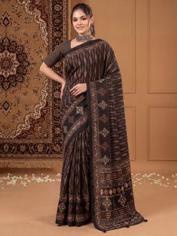 Akhilam - Women's Black Printed Saree with Unstitched Blouse
