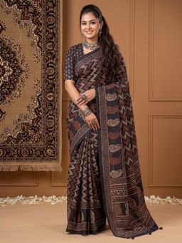 Akhilam - Women's Black Printed Saree with Unstitched Blouse