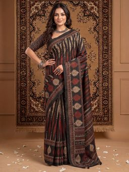 Akhilam - Women's Black Printed Saree with Unstitched Blouse