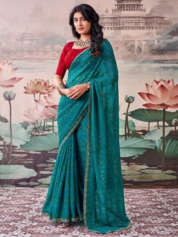 Sareemall - Women's Georgette Teal Printed Saree with Unstitched Blouse