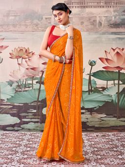 Sareemall - Women's Georgette Orange Printed Saree with Unstitched Blouse