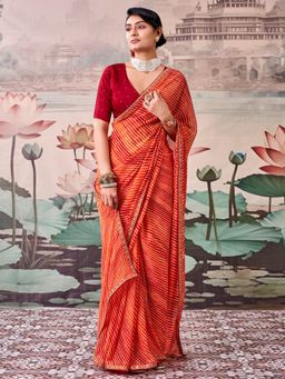 Sareemall - Women's Georgette Orange Printed Saree with Unstitched Blouse