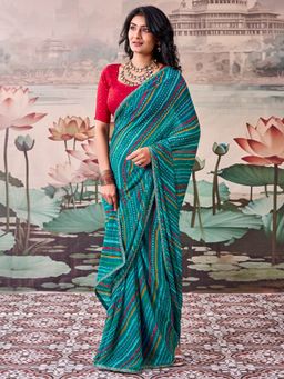 Sareemall - Women's Georgette Teal Printed Saree with Unstitched Blouse