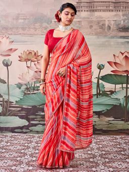 Sareemall - Women's Georgette Peach Printed Saree with Unstitched Blouse