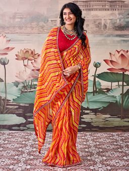 Sareemall - Women's Georgette Orange Printed Saree with Unstitched Blouse