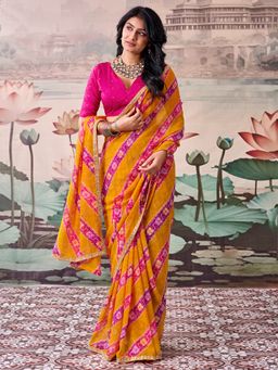 Sareemall - Women's Georgette Mustard Printed Saree with Unstitched Blouse
