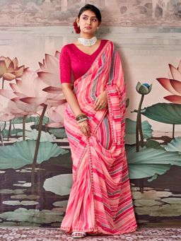 Sareemall - Women's Georgette Pink Printed Saree with Unstitched Blouse