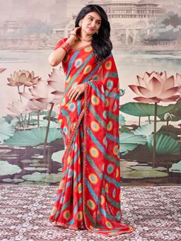 Sareemall - Women's Georgette Red Printed Saree with Unstitched Blouse