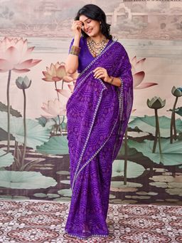 Sareemall - Women's Georgette Purple Printed Saree with Unstitched Blouse
