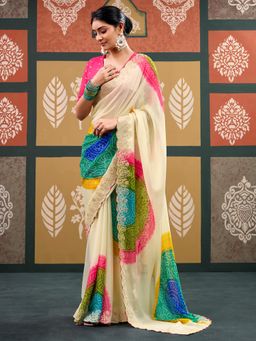 Akhilam - Women's Chiffon Cream Printed Saree with Unstitched Blouse