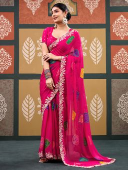 Akhilam - Women's Chiffon Pink Printed Saree with Unstitched Blouse