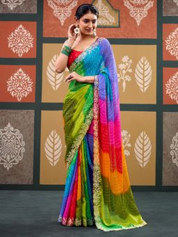 Akhilam - Women's Chiffon Multi-Color Printed Saree with Unstitched Blouse
