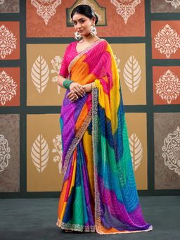 Akhilam - Women's Chiffon Multi-Color Printed Saree with Unstitched Blouse