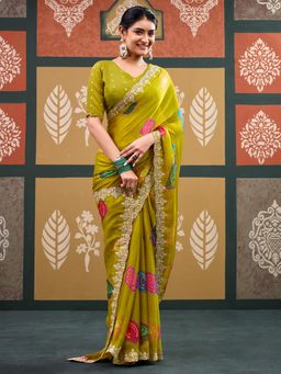 Akhilam - Women's Chiffon Olive Printed Saree with Unstitched Blouse