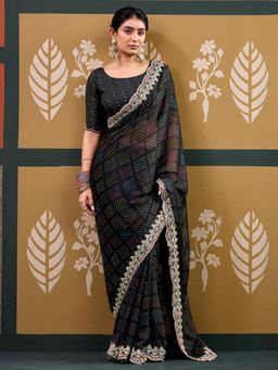 Akhilam - Women's Chiffon Black Printed Saree with Unstitched Blouse