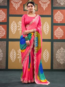 Akhilam - Women's Chiffon Pink Printed Saree with Unstitched Blouse