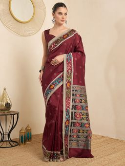 Akhilam - Women's Maroon Printed Ready To Wear Saree with Unstitched Blouse