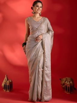 Akhilam - Women's Grey Embellished Ready To Wear Saree with Unstitched Blouse