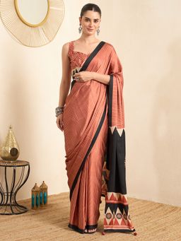 Akhilam - Women's Maroon Printed Ready To Wear Saree with Unstitched Blouse