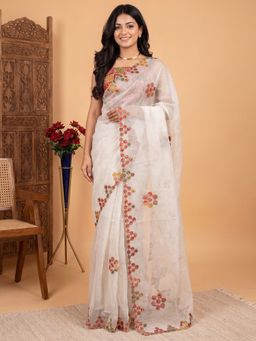 Akhilam - Women's Kota Doria Cotton White Saree with Unstitched Blouse