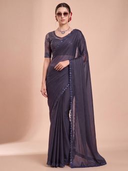 Akhilam - Women's Georgette Purple Embellished Saree with Unstitched Blouse
