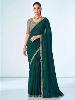 Akhilam - Women's Georgette Green Embellished Saree with Unstitched Blouse