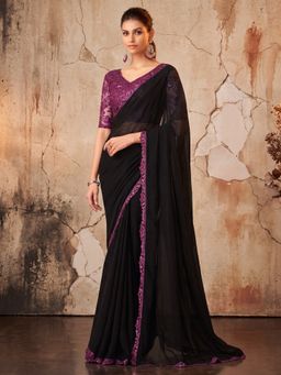 Akhilam - Women's Georgette Purple Embellished Saree with Unstitched Blouse