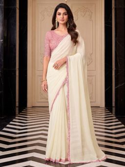 Akhilam - Women's Georgette Off White Embellished Saree with Unstitched Blouse