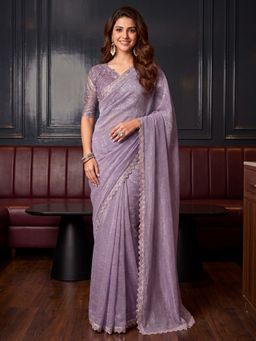 Akhilam - Women's Georgette Lavender Embellished Saree with Unstitched Blouse