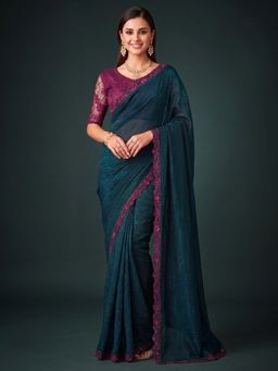 Akhilam - Women's Georgette Teal Green Embellished Saree with Unstitched Blouse