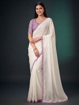 Akhilam - Women's Georgette White Embellished Saree with Unstitched Blouse