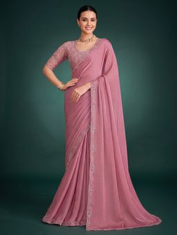 Akhilam - Women's Georgette Mauve Embellished Saree with Unstitched Blouse