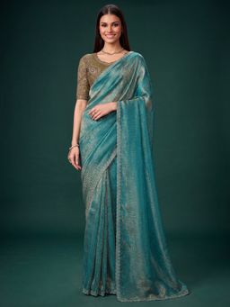 Akhilam - Women's Georgette Light Blue Embellished Saree with Unstitched Blouse