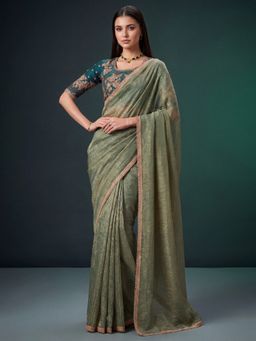 Akhilam - Women's Georgette Olive Embellished Saree with Unstitched Blouse