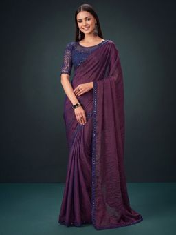 Akhilam - Women's Georgette Wine Embellished Saree with Unstitched Blouse