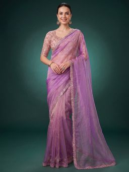 Akhilam - Women's Georgette Lavender Embellished Saree with Unstitched Blouse