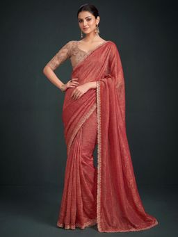 Akhilam - Women's Georgette Rust Embellished Saree with Unstitched Blouse